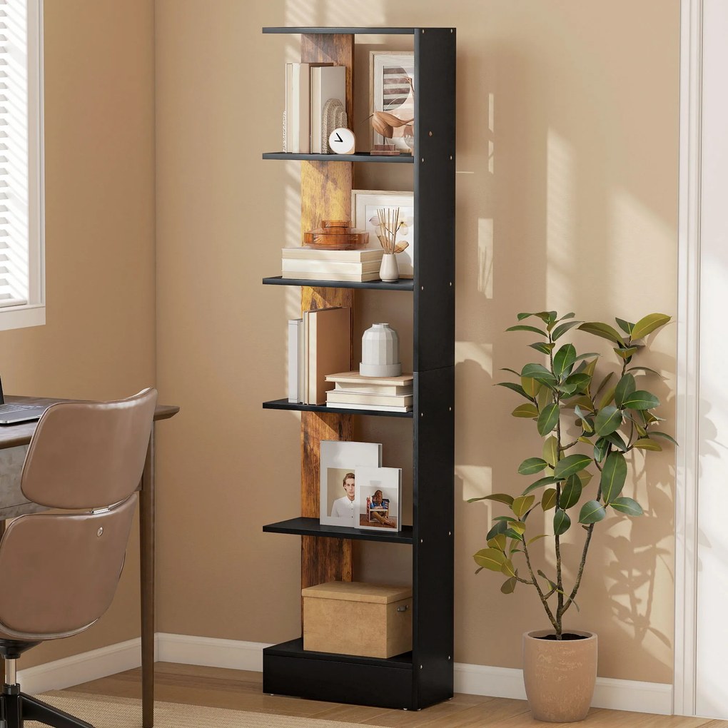 HOMCOM Raft Îngust cu 5 Etajere, Raft Economisitor de Spațiu Modern din Lemn, Bibliotecă pentru Baie, Living, Dormitor, Birou, 45x21x170 cm, Maro Rustic | Aosom Romania