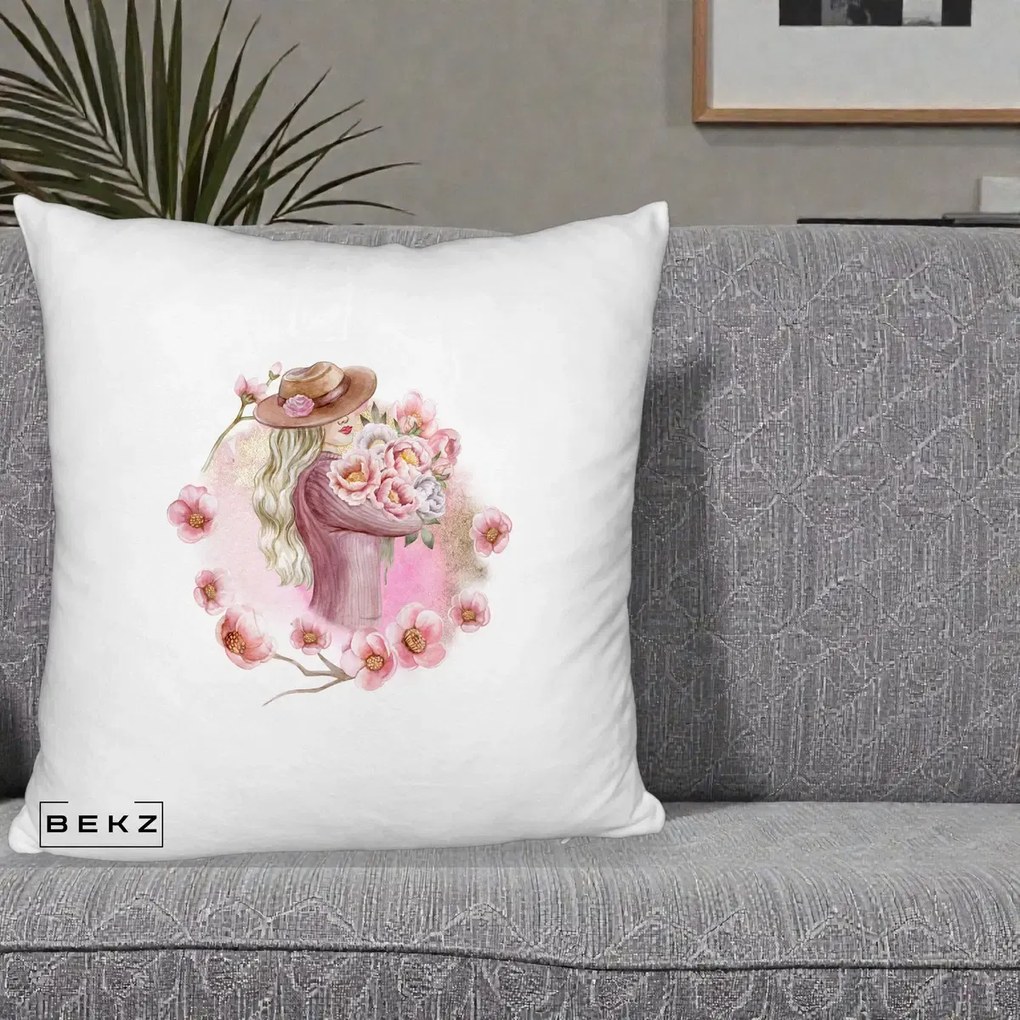 Perna Decorativa Femeie cu Flori Roz Acuarela, 40x40 cm, Alb Pufos, Husa Detasabila, Perna Inclusa, BEKZ®