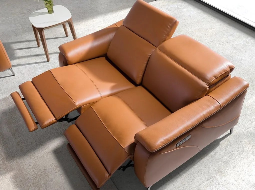 Canapea 2 locuri eleganta, design LUX cu functia relax Cowhide brown leather