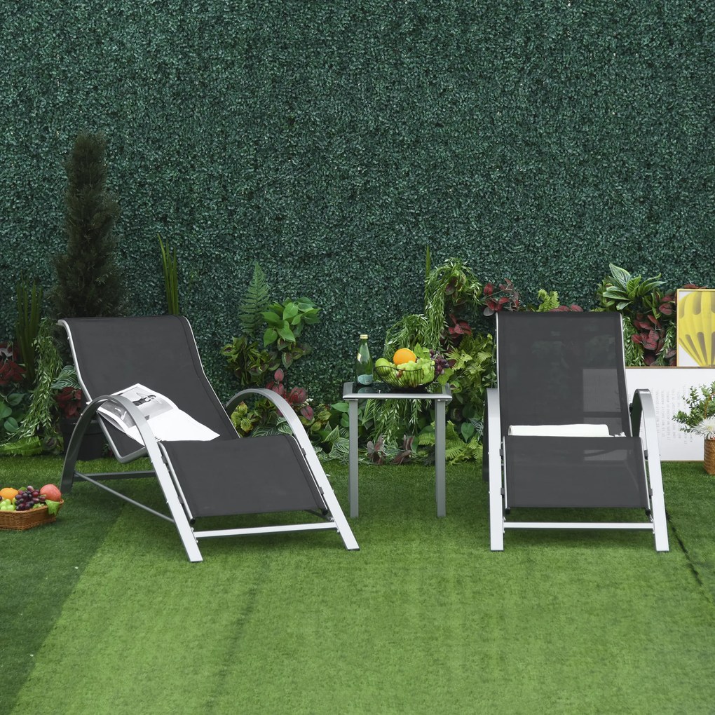 Outsunny Set Mobilier de Grădină: 2 Sezlonguri Pliabile și 1 Măsuță cu Raft din Sticla, Negru, Design Modern | Aosom Romania