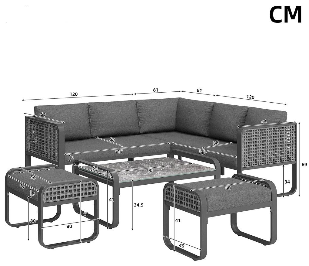 Set de lounge pentru grădină pentru 6-7 persoane, mobilier din ratan cu cadru din fier galvanizat și picioare reglabile, inclusiv perne de șezut și spătar, Gri