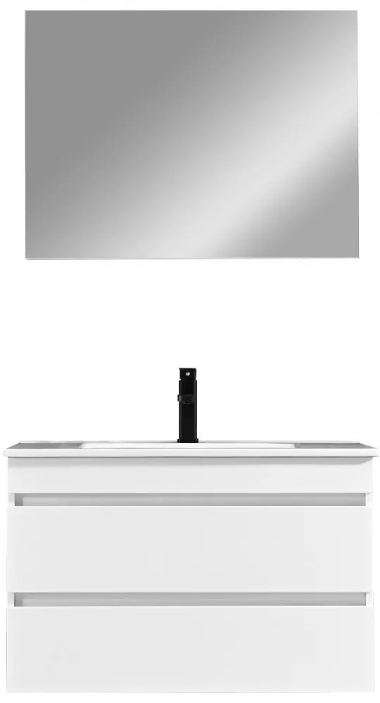 Mobilier de baie Cube 80 cm cu lavoar ceramic (2 sertare) și oglindă 60x80 cm vopsit în alb lucios
