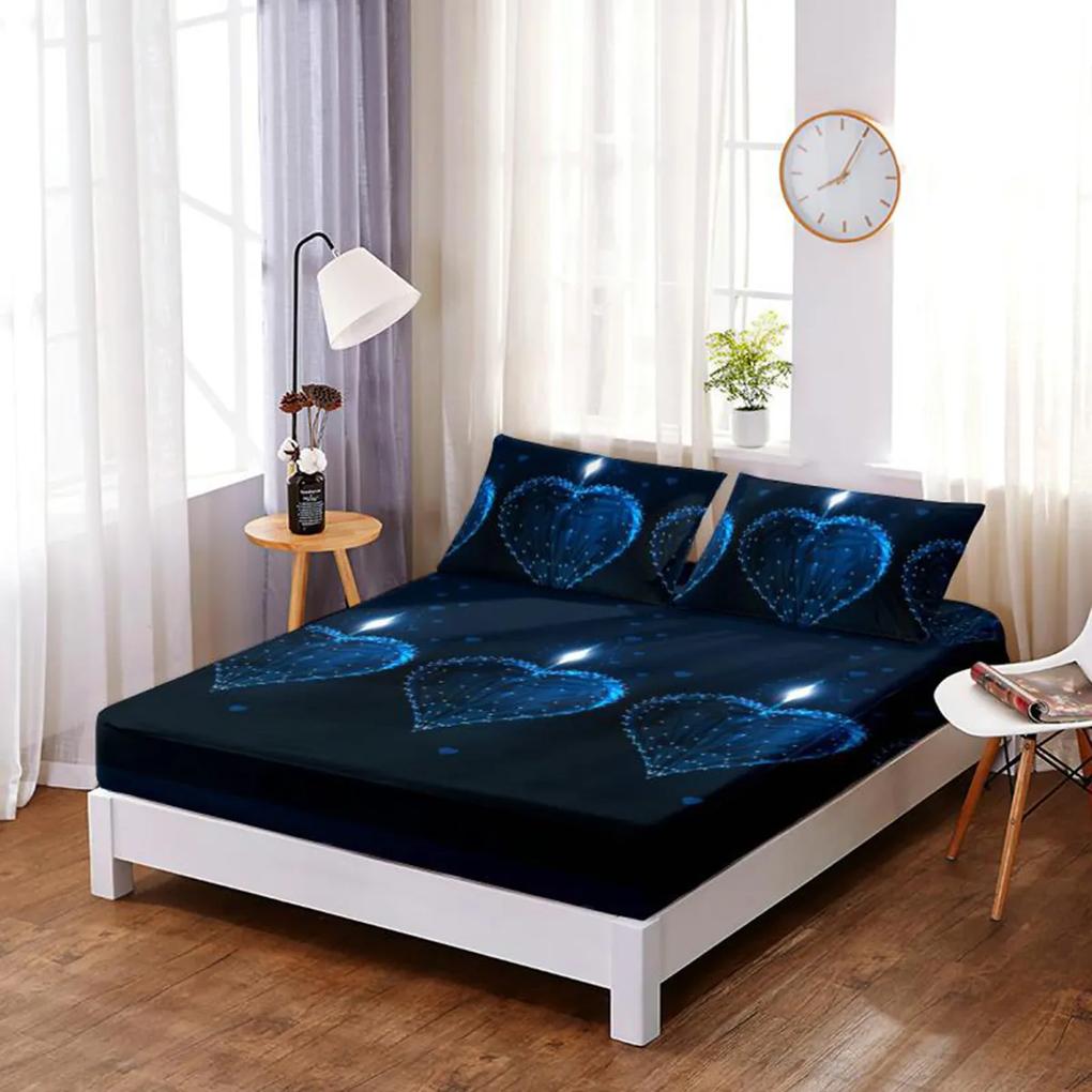 Husă de pat din FINET cu elastic si 2 fete de pernă, Blue Hearts 160x200