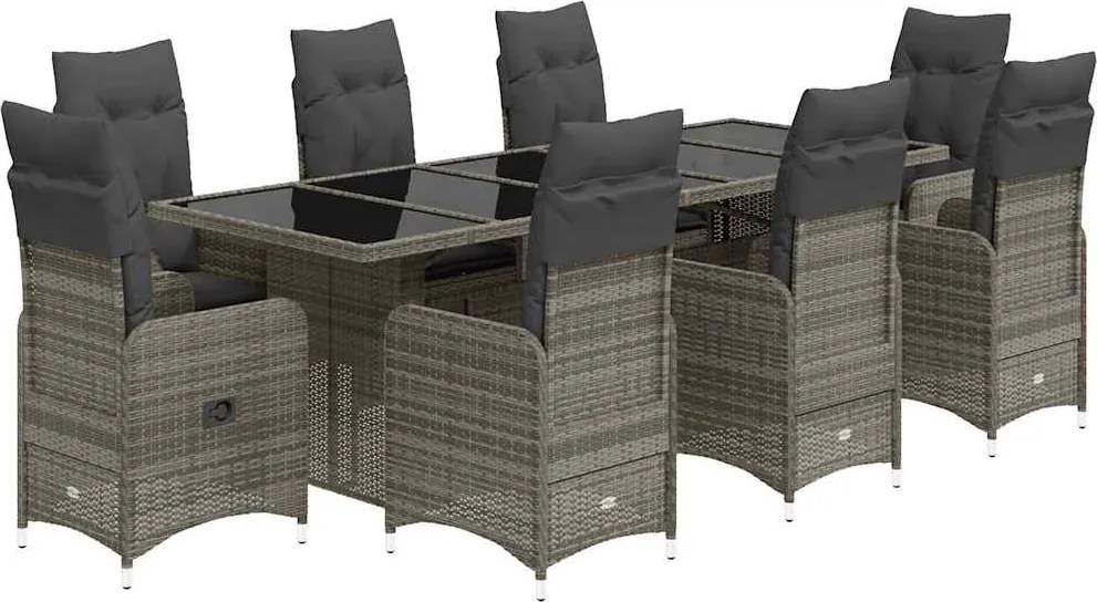 vidaXL Set bistro de grădină cu perne, 9 piese, gri, poliratan
