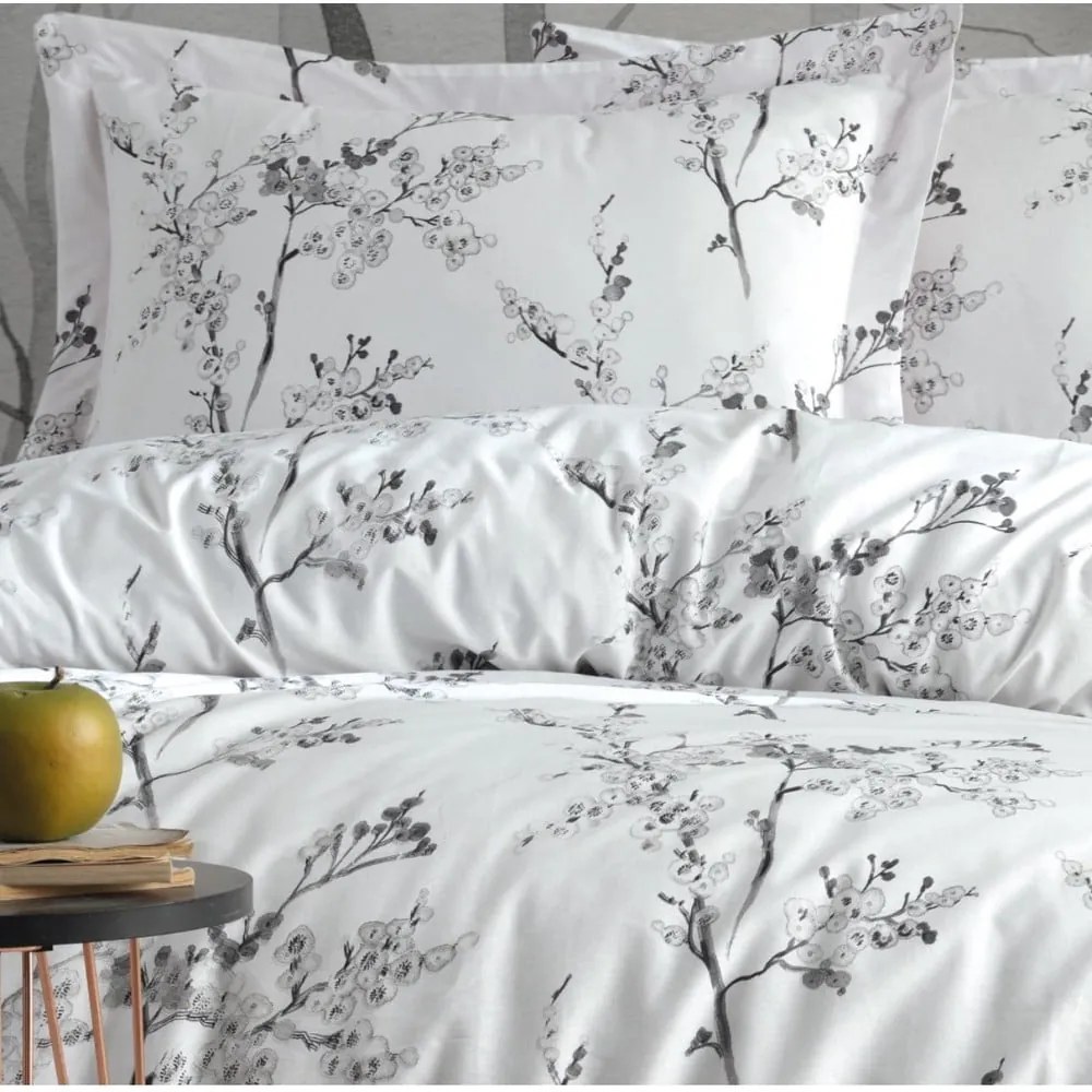 Lenjerie de pat albă-gri din bumbac ranforcé pentru pat de o persoană 140x200 cm White Floral – Mila Home Luxury