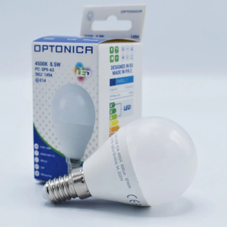 Bec LED sferic 8.5W(54W) Optonica, E14, G45, 800 lm, lumina neutra (4500K), opal, clasa energetica F