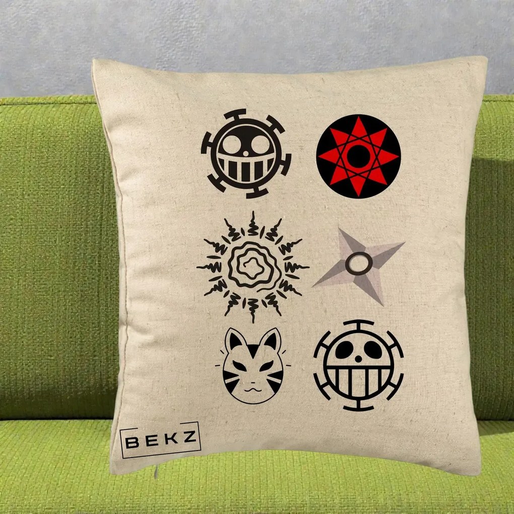 Perna Personalizata Simboluri Anime Mix - Naruto One Piece, 40x40 cm, Bej, Husa Detasabila, Perna Inclusa, BEKZ®