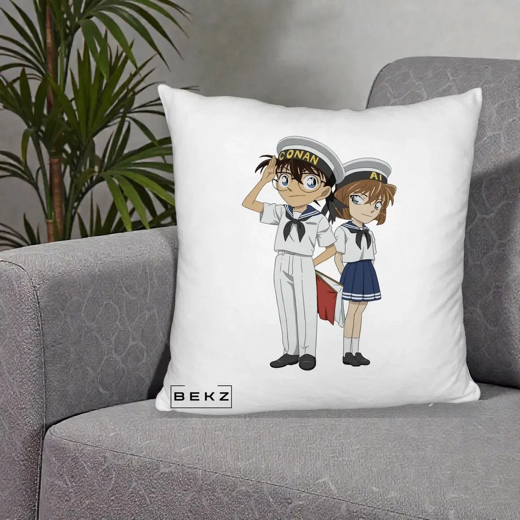 Perna Personalizata Detective Conan Conan si Ai Sailor, 40x40 cm, Alb Pufos, Husa Detasabila, Perna Inclusa, BEKZ®