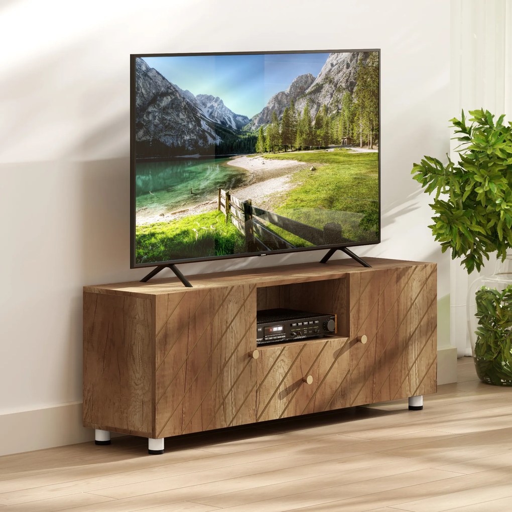 HOMCOM Televizor mobilier pentru televizoare de pana la 50 de inch cu 2 dulapuri si compartiment deschis si sertar, lemn natural | Aosom Romania