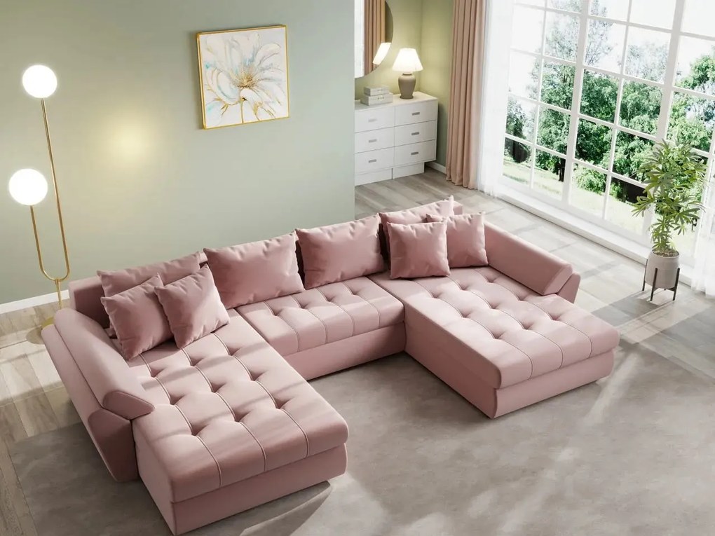Colțar extensibil dumonde cu ladă de depozitare si sezut confortabil din spuma high-density, Loana U Royal Pink 355x185 cm