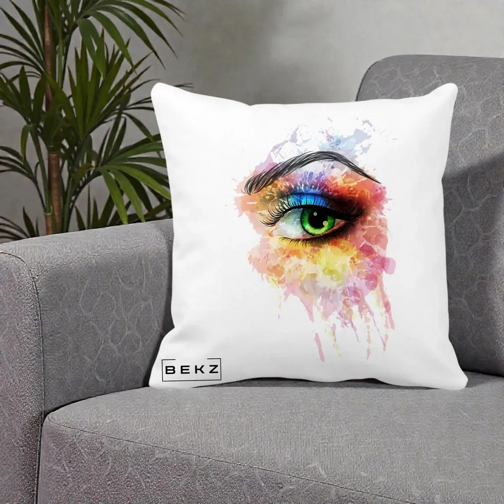 Perna Decorativa Ochi Verde Acuarela, 40x40 cm, Alba Mata, Husa Detasabila, Perna Inclusa, BEKZ®