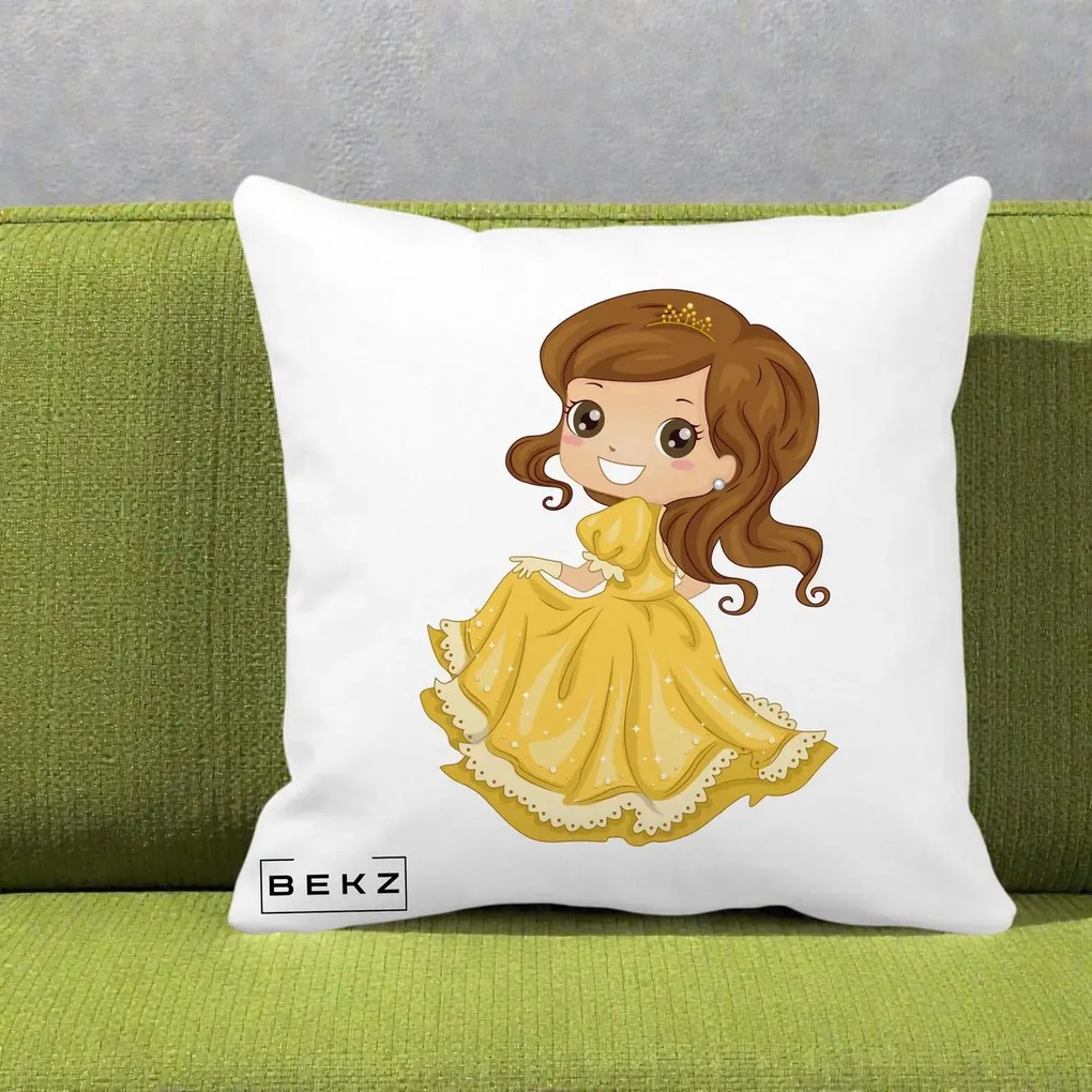 Perna Decorativa Printesa Bella Rochie Aurie, 40x40 cm, Alba Mata, Husa Detasabila, Perna Inclusa, BEKZ®