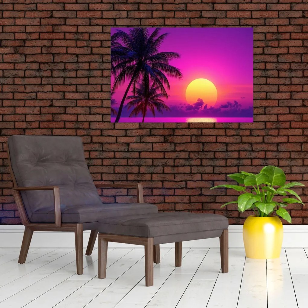Tablou - Apus violet cu palmier (90x60 cm)