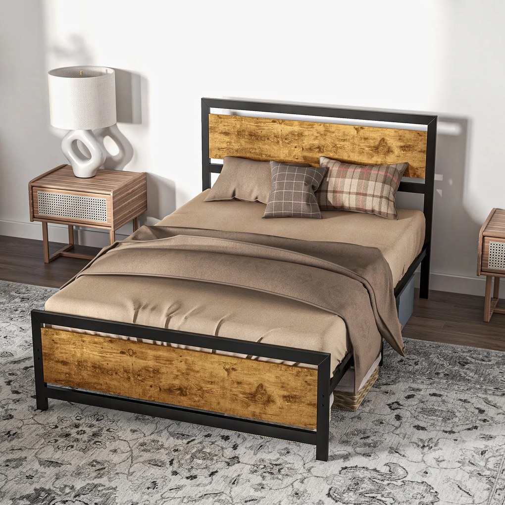 HOMCOM Cadru de Pat Single din Lemn și Oțel 140x200cm, Sipci, Tetieră Stil Industrial, Negru/Maro Rustic | Aosom Romania