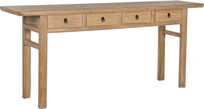 Consolă din lemn masiv de ulm, natur, blat lung, 4 sertare cu mânere metalice, picioare drepte cu traverse, finisaj natural, 85 x 200 x 42 cm,