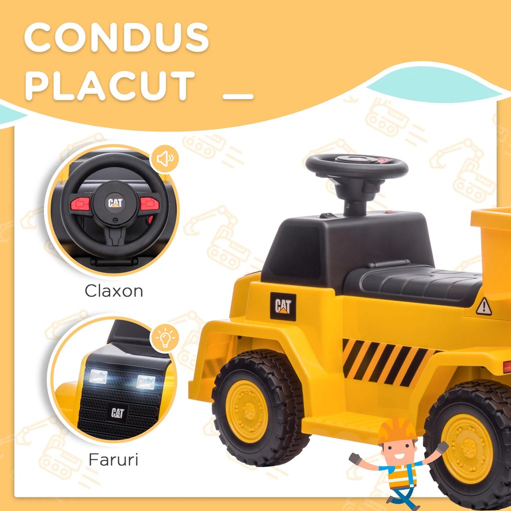 HOMCOM Camion Jucarie Electric cu Licenta CAT, Faruri si Efecte Sonore pentru Copii 18-36 Luni, 74.5x36x43.5 cm, Galben si Negru