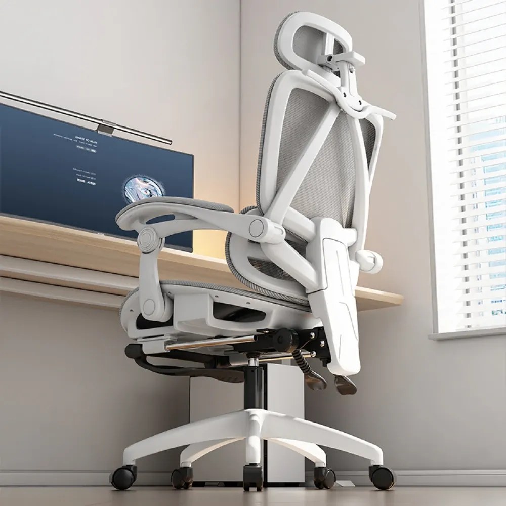 Scaun ergonomic, suport lombar dinamic, tetieră 3D, cotiere de legatura, umeras, pivotant, Mesh, Alb/Gri