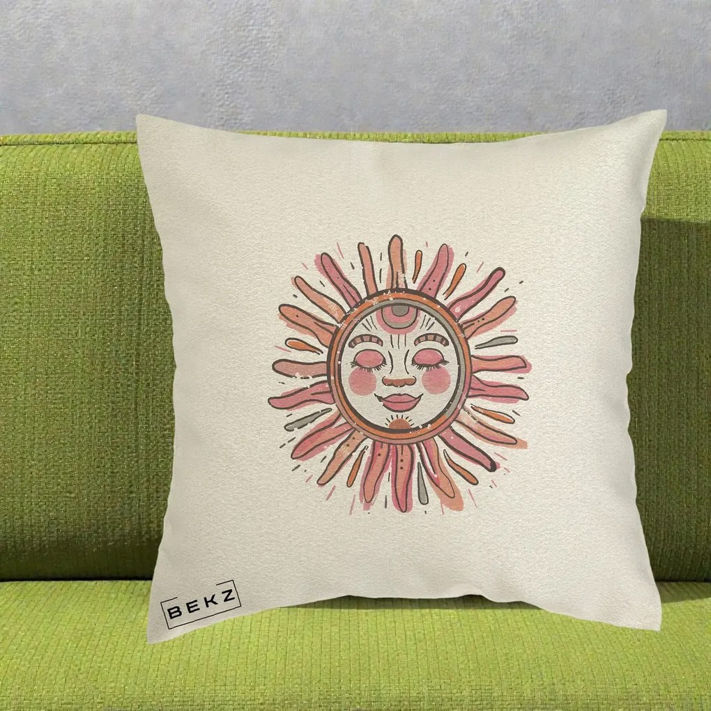 Perna Decorativa Soare Roz Tribal, 40x40 cm, Ecru, Husa Detasabila, Perna Inclusa, BEKZ®