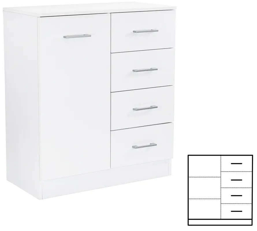 Comodă Miami cu 1 ușă și 4 sertare 80x92 cm alb-alb