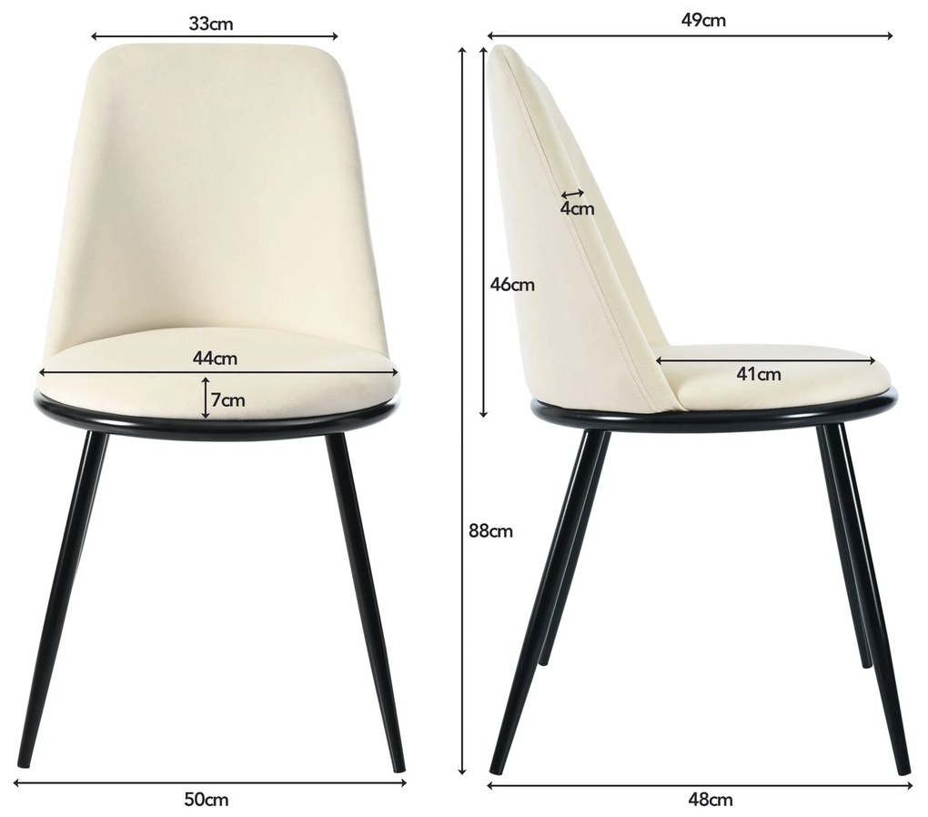 Set de 2 scaune de prânz, design ergonomic, tapițerie din catifea, structură metalică, 44×41×88 cm, Bej