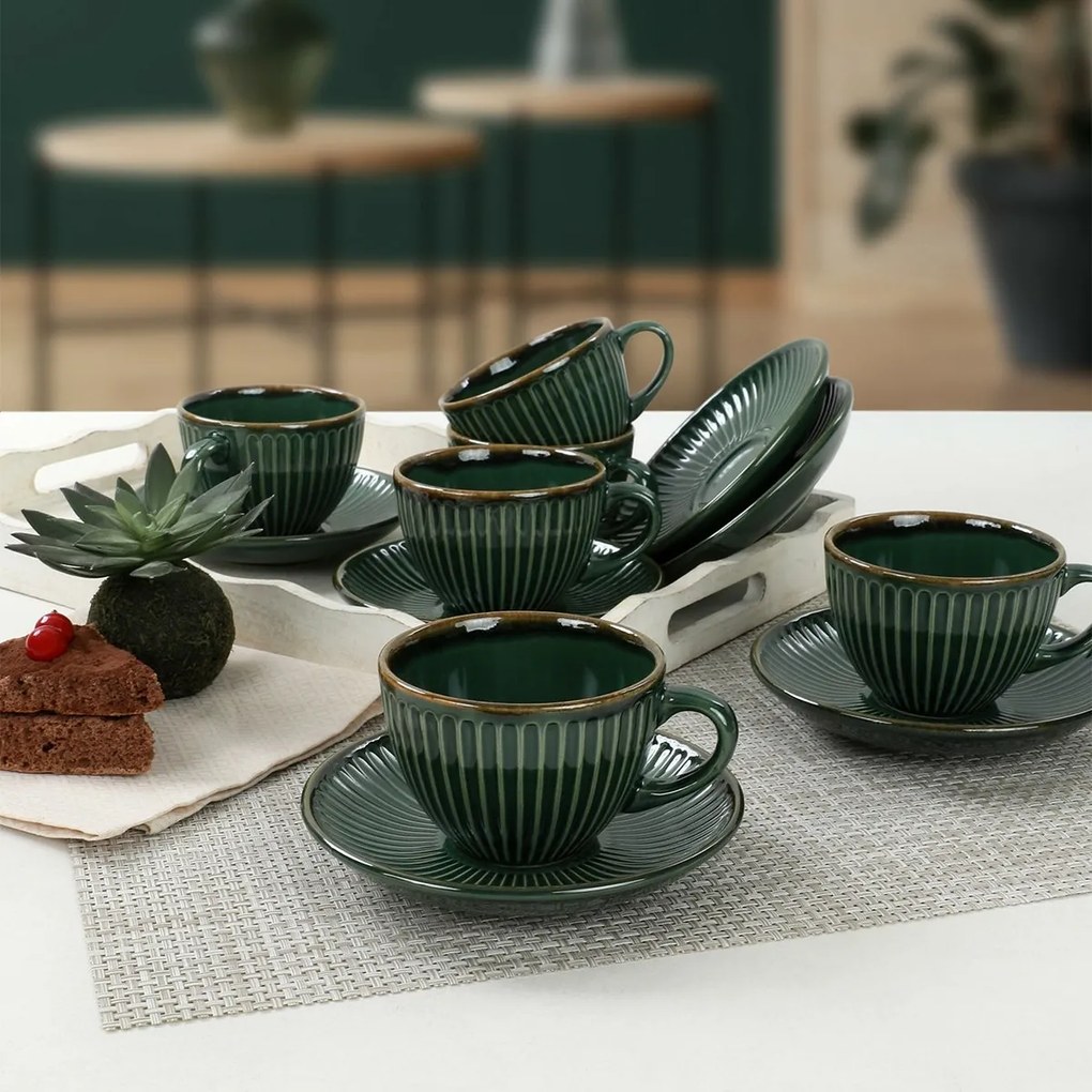 Set de 6 cești din ceramică cu farfurioare Linea210 ml, verde