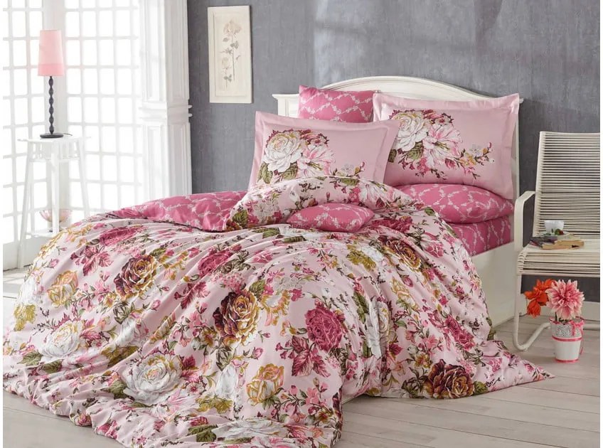 Lenjerie de pat cu cearșaf din bumbac satinat Rosanna Pink, 200 x 220 cm
