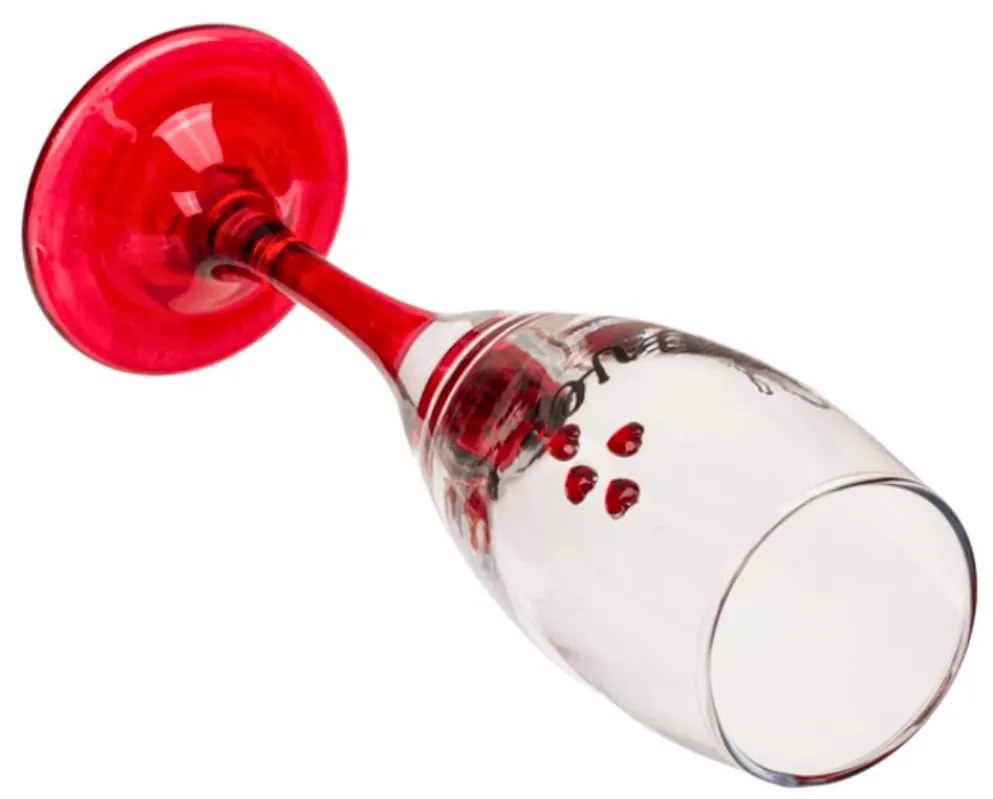 Set 2 pahare, de șampanie, cu inimioare, bază roșie, mesaj Love, 20 cm