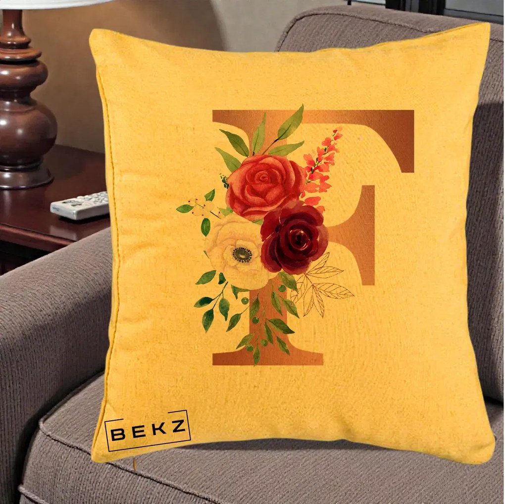 Cadou Personalizat - Perna Personalizata Monograma Rose Gold Litera F, 40x40 cm, Galben, Husa Detasabila, Perna Inclusa, BEKZ®