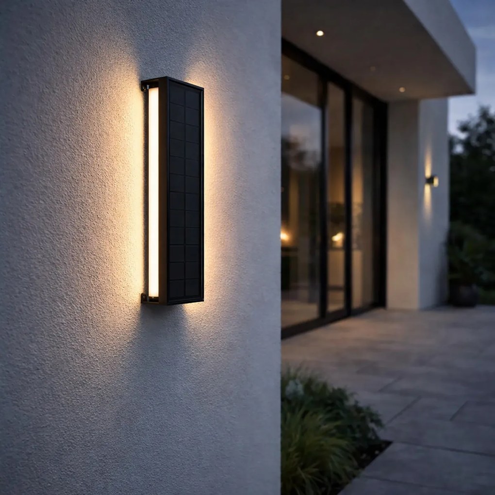 Aplică de perete exterioară neagră 30 cm cu LED inclus, cu dimmer în 4 trepte și funcție solară - Serena