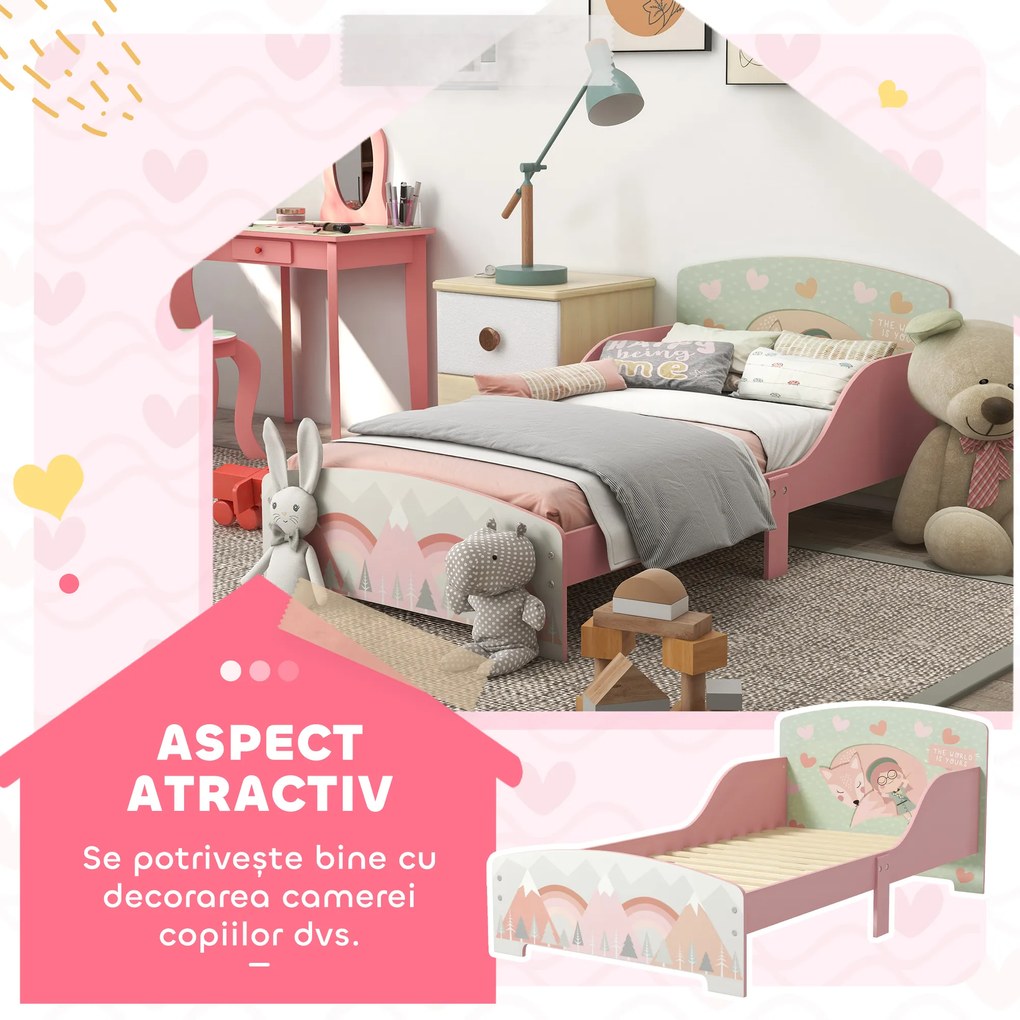 ZONEKIZ Pat pentru Copii 3-6 Ani cu Margini Înălțate și Model cu Animale, 77x143x60 cm, Roz | Aosom Romania