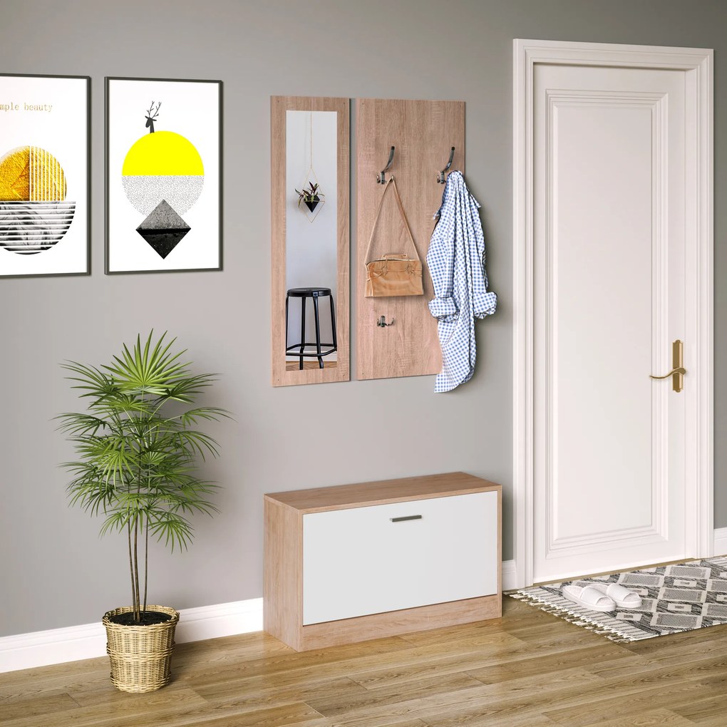 HOMCOM Set 3 Piese Dulap Pantofi cu Cuier si Oglinda pentru Hol in Lemn, 80x27x46.5cm | Aosom Romania