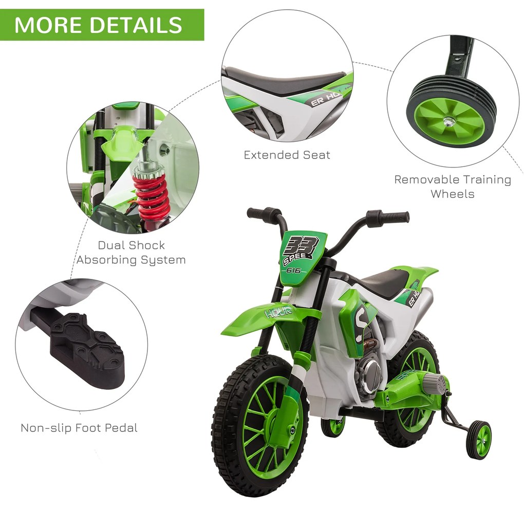 Motocicleta de Cros Electrica HOMCOM pentru Copii de 3-5 ani, Baterie 12V Reincarcabila 106,5x51,5x68cm, Verde | Aosom RO