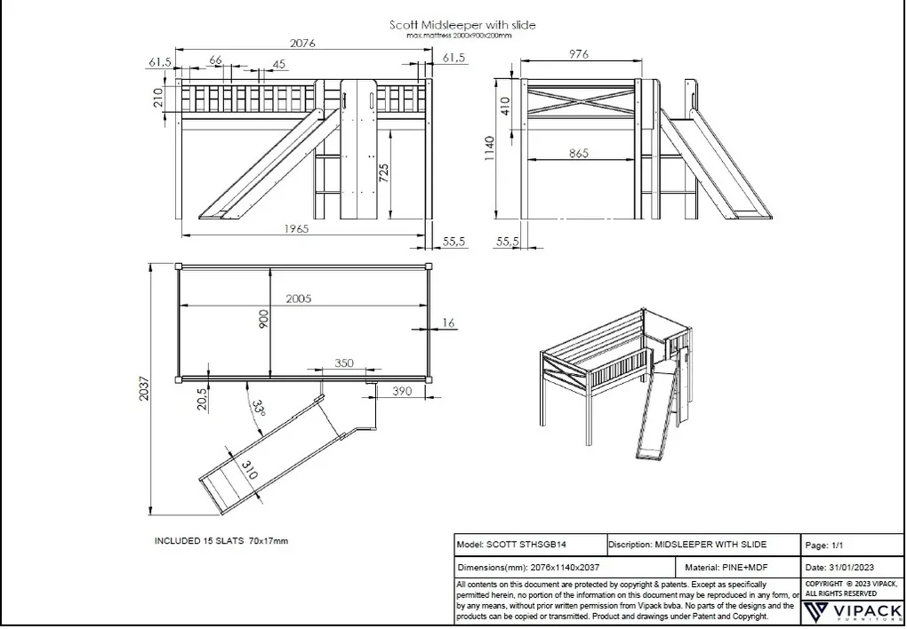 Pat ridicat pentru copii SCOTT, alb, 90 x 200 cm, din pin scandinav și MDF, cu scară frontală, tobogan, perdea de joacă și tunel ASTRO – Vipack