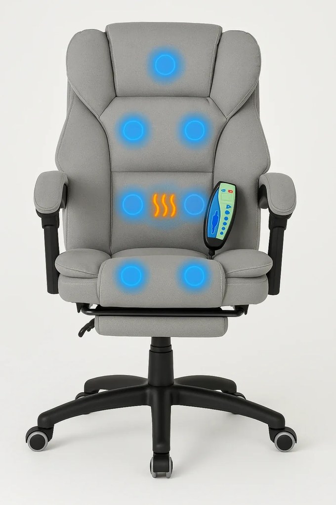 Scaun directorial, Masaj si Incalzire in 7 puncte, spatar rabatabil, suport pentru picioare, material textil premium, Gri