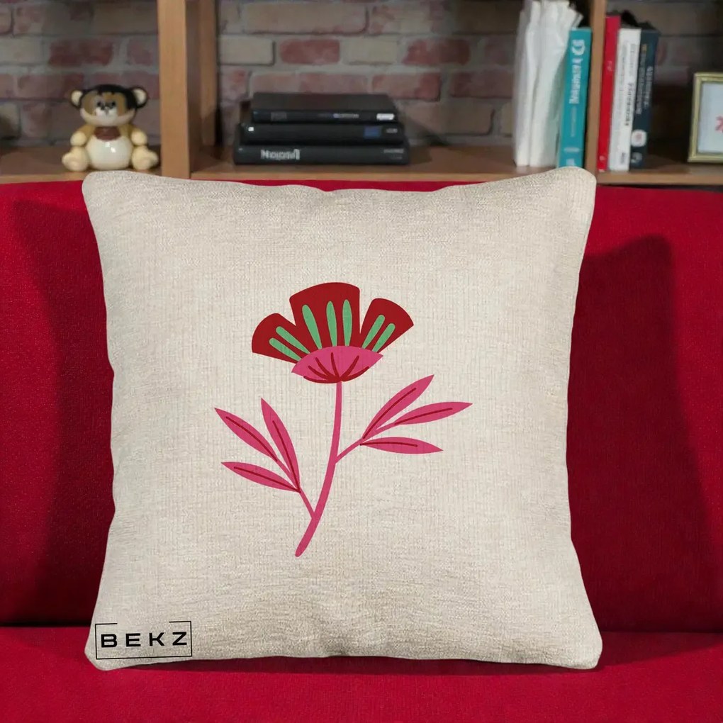 Perna Decorativa Floare Macul Roz-Rosu Grafic, 40x40 cm, Bej Canapea, Husa Detasabila, Perna Inclusa, BEKZ®
