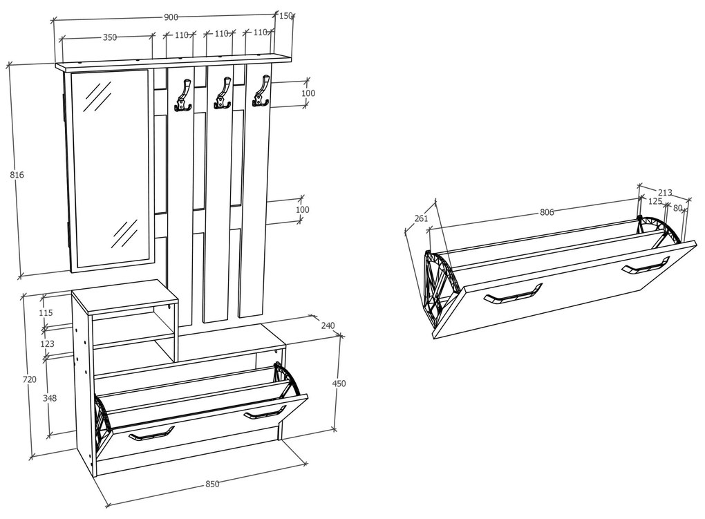 Cuier Lyon, Antracit, L 85 x l 24 x H 180 cm
