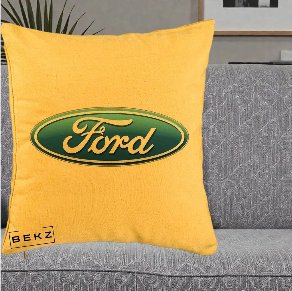 Perna Personalizata cu emblema Ford, 40x40 cm, Galben, Husa Detasabila, Perna Inclusa, BEKZ®