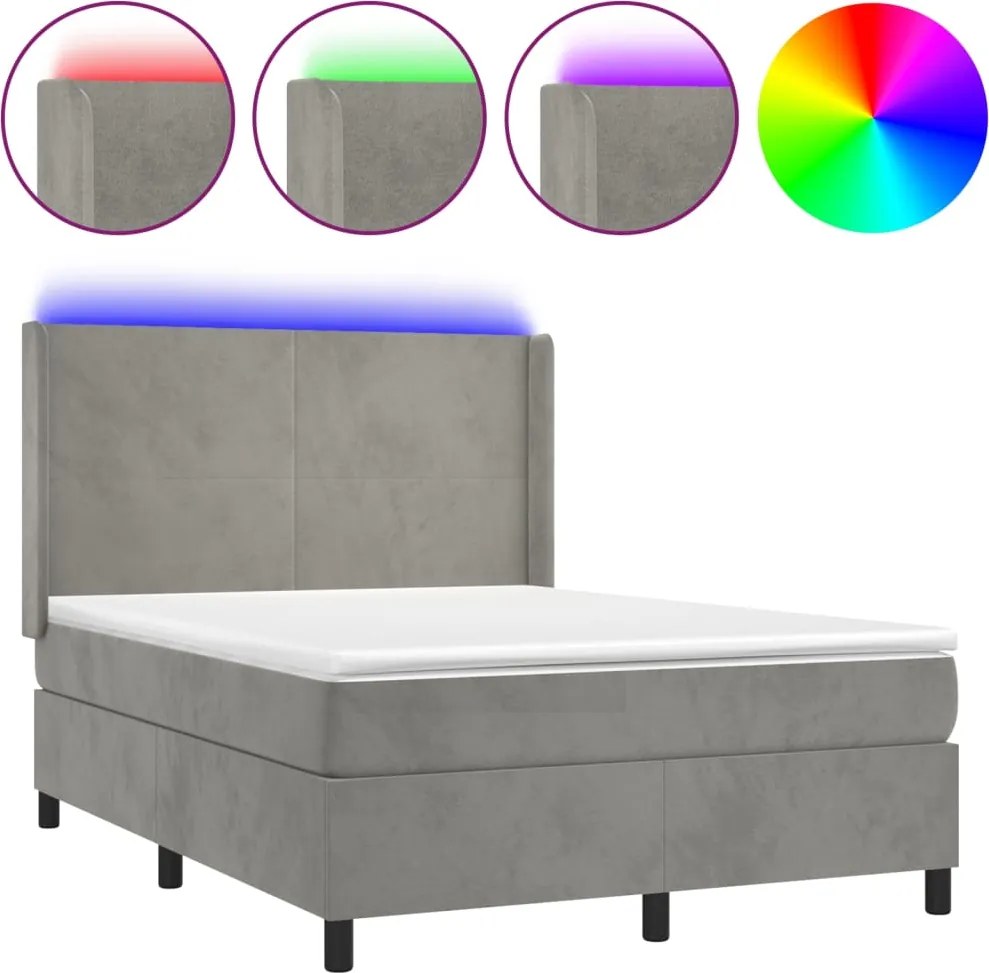 vidaXL Pat continental cu saltea și LED gri deschis 140x190 cm catifea