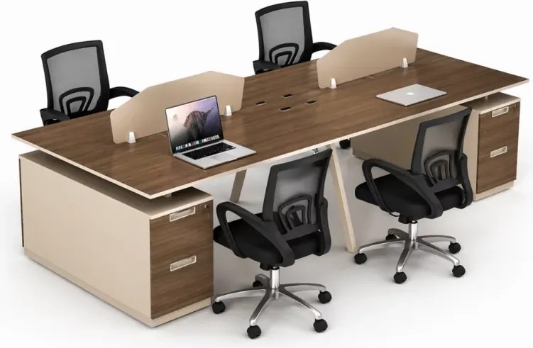 Set Nova 4 &amp; FlexiPro - Birou operational cu 4 posturi, sertare laterale fixe si Scaun de birou ergonomic cu spatar mesh