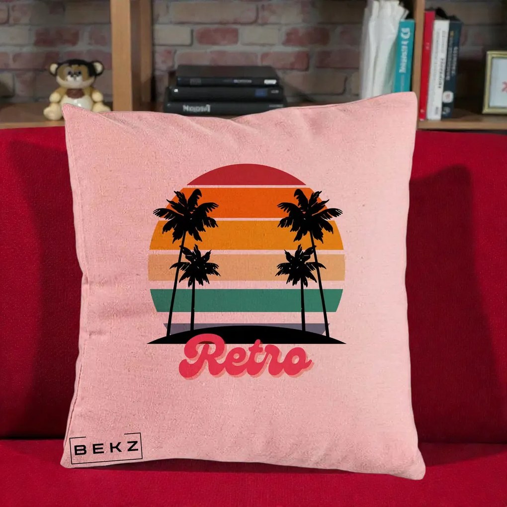 Perna Decorativa Retro Sunset Palmieri, 40x40 cm, Roz, Husa Detasabila, Perna Inclusa, BEKZ®