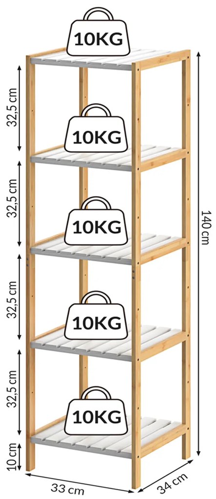 Etajera cu 5 rafturi Bambus Alb 140x33x34cm