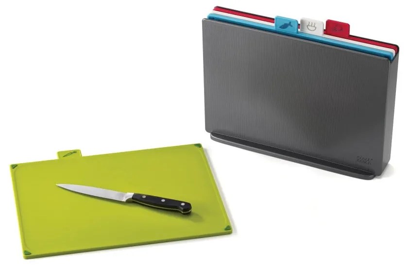 Set suport cu 4 tocătoare Joseph Joseph Index, 34,6 x 27,3 cm, gri închis