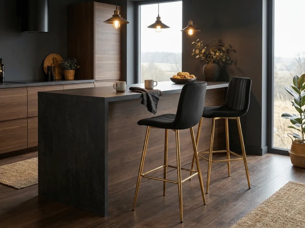 Scaun de bar POZZA VELVET cu picioare aurii, negru