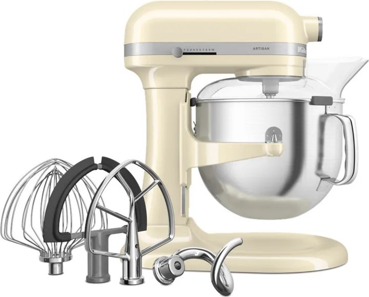 Mixer planetar KitchenAid Artisan 5KSM70SHXEAC Almond cream, 375 W, 6,6 l, 11 viteze, 67 de puncte de contact, Ridicare bol, Viteză speciala „Fold”, Flex Edge, Crem