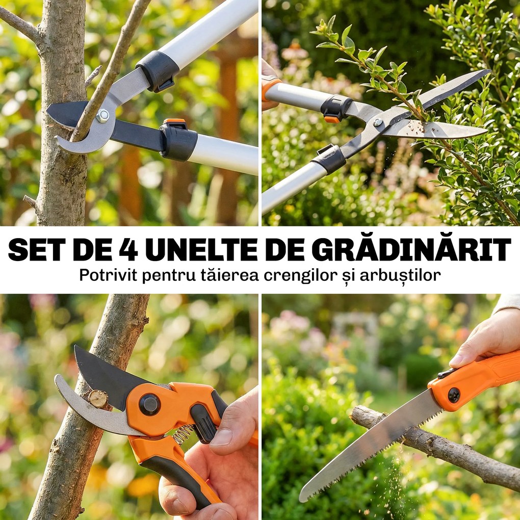 Outsunny Set de Grădinărit 4 Piese cu Foarfecă, Foarfece de Tăiat Crengi, Foarfece de Tuns și Fierăstrău Pliabil | Aosom Romania