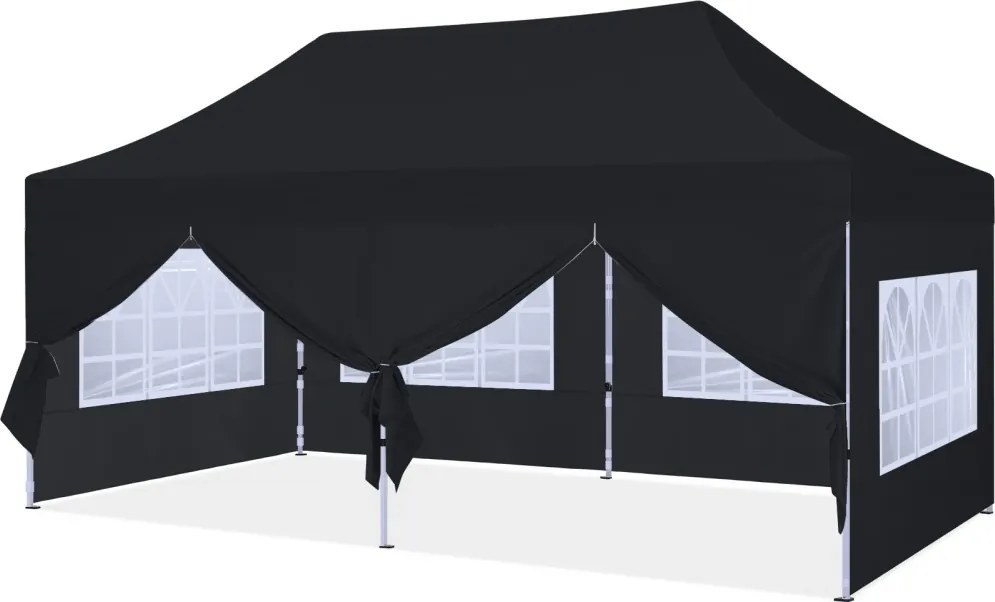 ABCCANOPY – Cort pavilion pliabil 6x3 m, înălțime reglabilă 3 trepte, pereți cu ferestre transparente, impermeabil, Negru