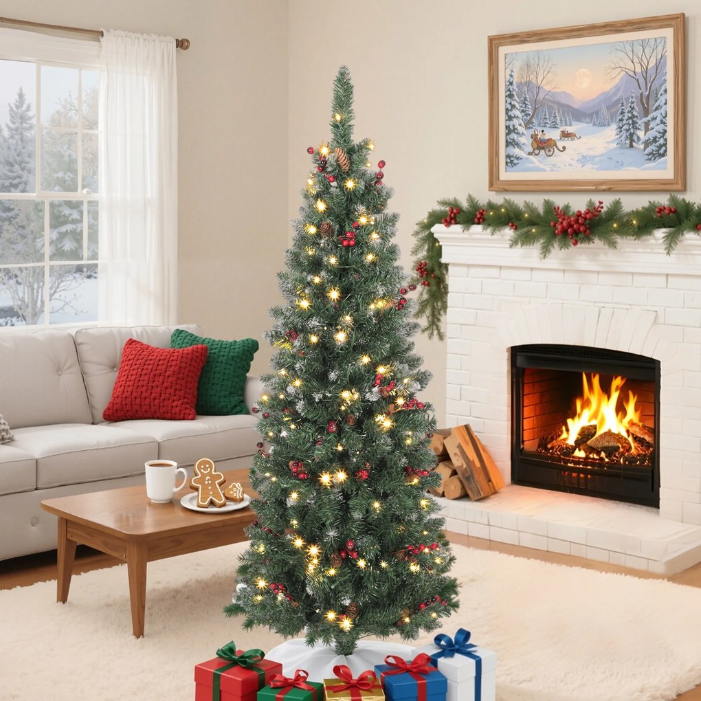 HOMCOM Pom de Crăciun Subțire 150 cm Artificial, Lumini Incorporate în 8 Moduri, 311 Ramuri Dense Ignifuge Înzăpezite, 30 Conuri de Pin și 30 Ciorchini de Boabe, Pom de Crăciun Înalt și Strâmt cu Bază din Metal | Aosom Romania