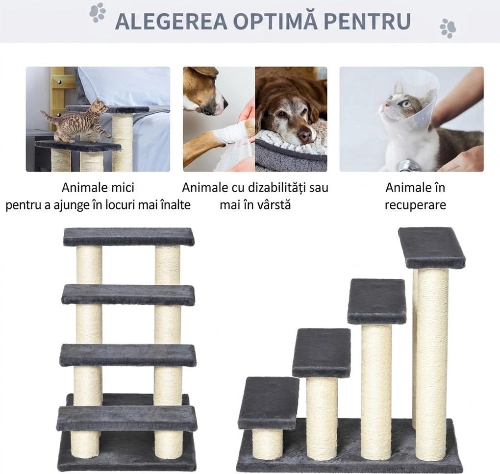 PawHut Scalettă pentru Pisici cu 4 Trepte, Stâlpi de Zgâriat din Sisal și Husă din Pluș, 60x40,5x59 cm, Gri | Aosom Romania