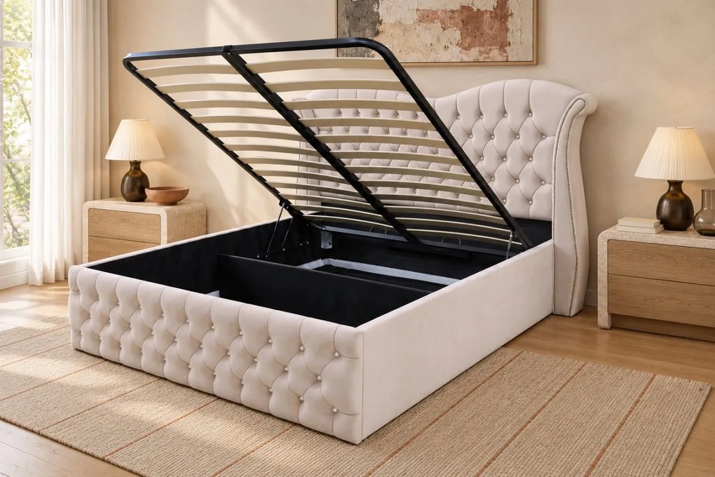 Pat tapițat Chesterfield Avella 140×200 cm, crem, cu ladă de depozitare