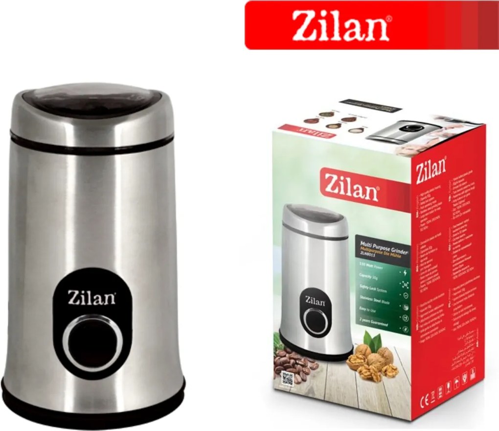 Rasnita cafea electrica, Zilan ZLN8013,Argintiu Negru 150 W, inox, cutite macinare otel inoxidabil
